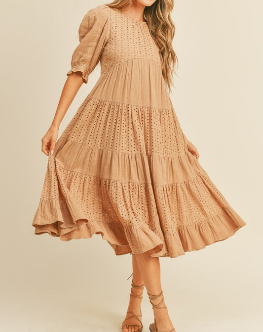 CONTRAST EYELET LACE MAXI TIERED DRESS