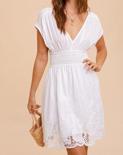 SMOCK WAIST KIMONO SLEEVE EYELET DRESS