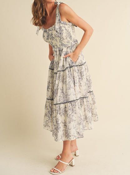 TIERED LACE TRIM FLORAL MIDI DRESS