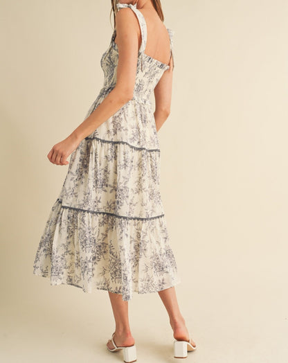 TIERED LACE TRIM FLORAL MIDI DRESS