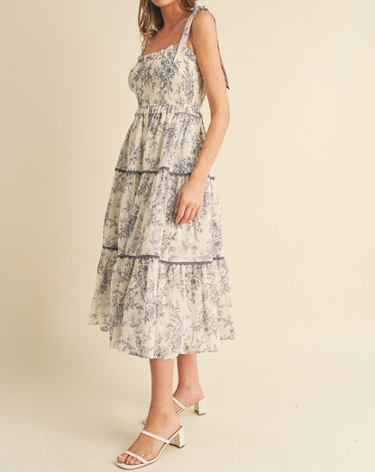 TIERED LACE TRIM FLORAL MIDI DRESS