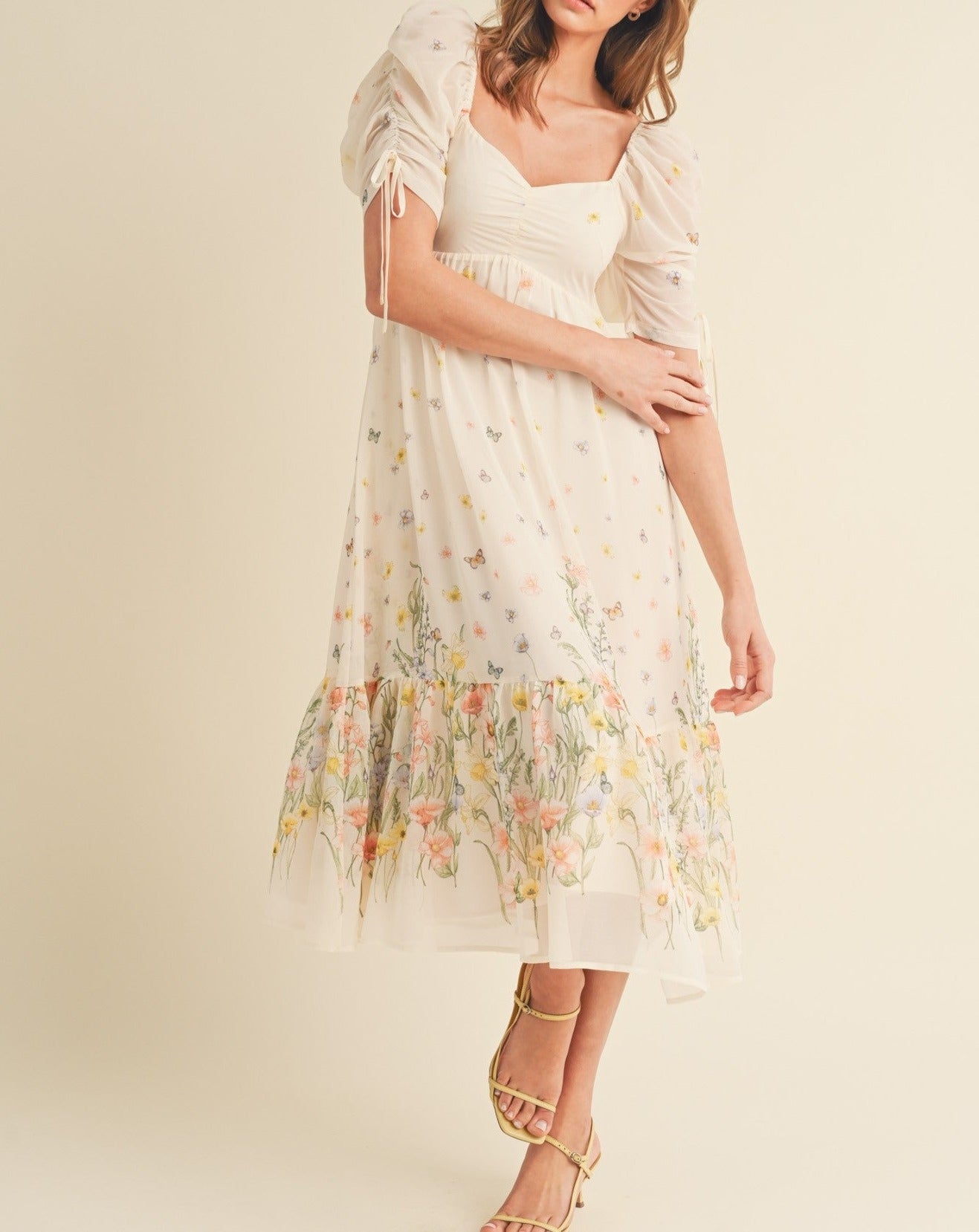 RUCHED SLEEVE FLORAL MIDI DRESS