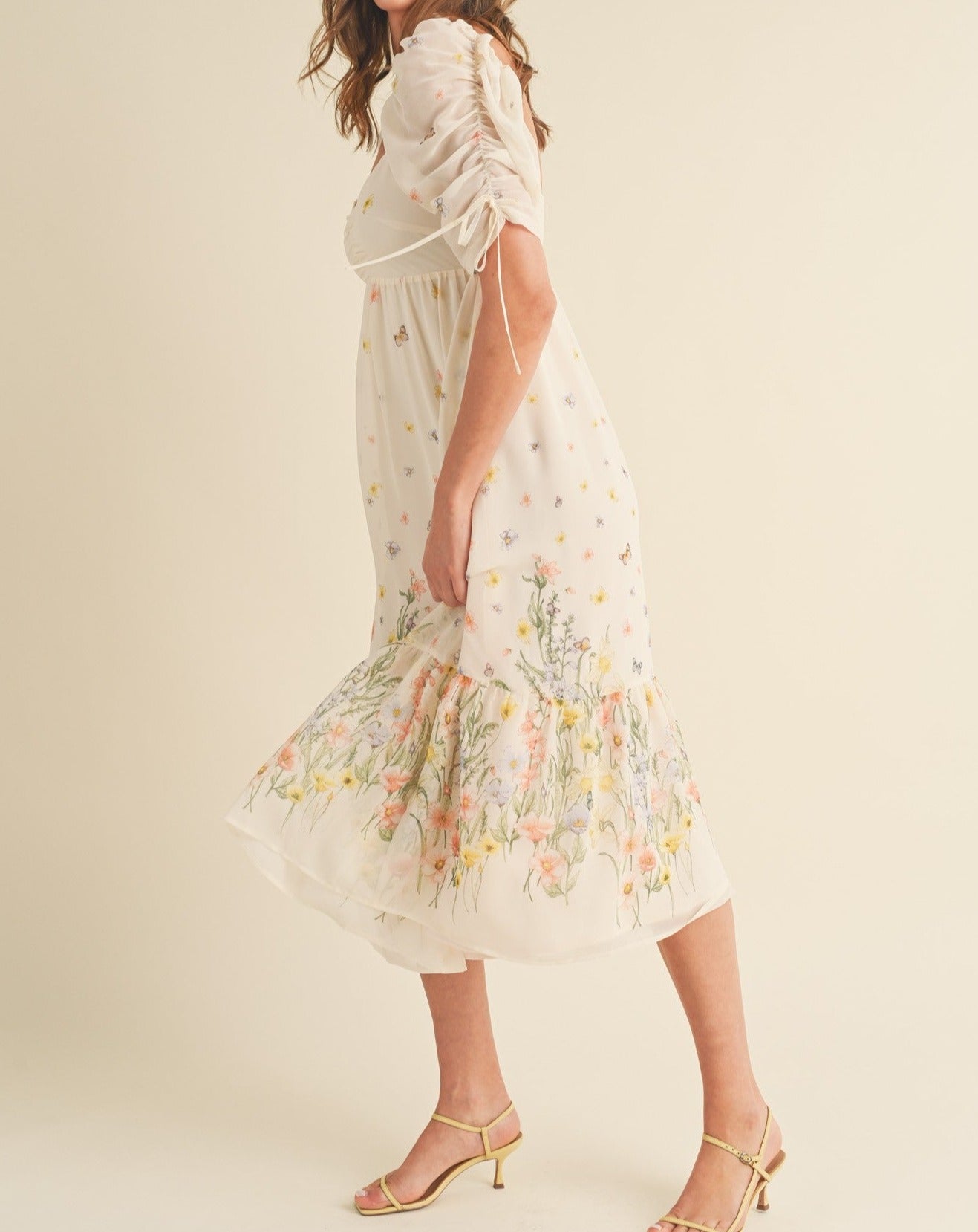 RUCHED SLEEVE FLORAL MIDI DRESS