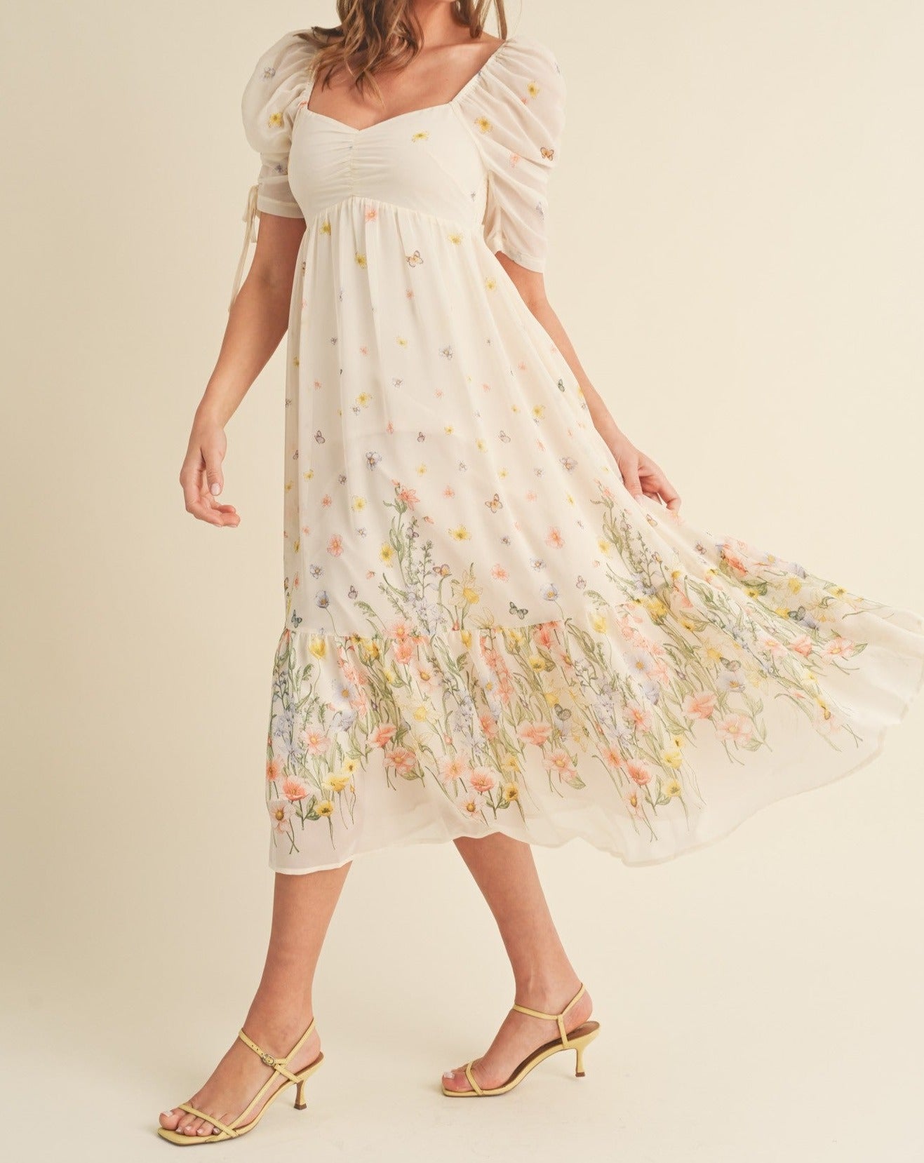 RUCHED SLEEVE FLORAL MIDI DRESS