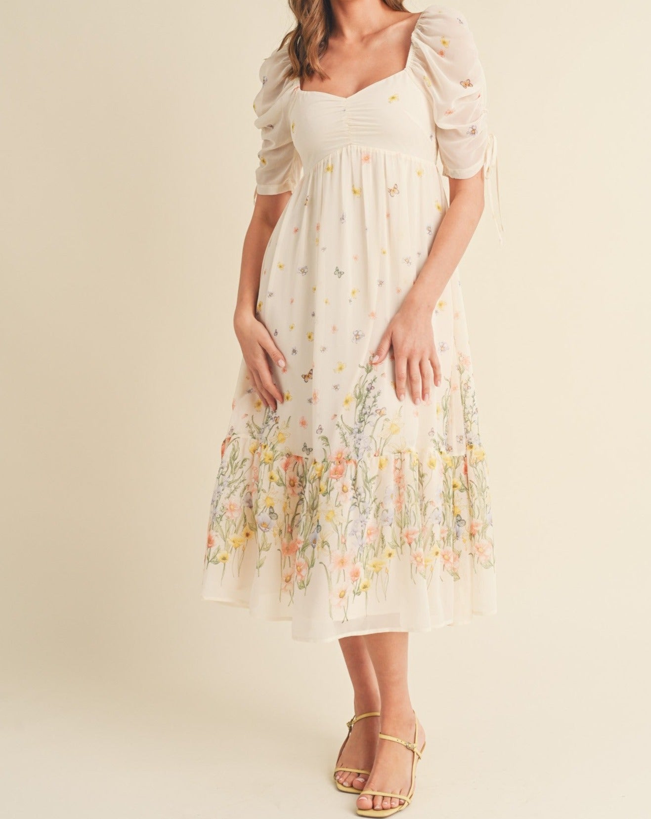 RUCHED SLEEVE FLORAL MIDI DRESS