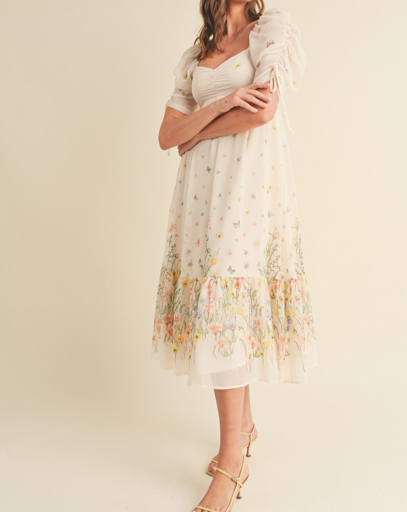 RUCHED SLEEVE FLORAL MIDI DRESS