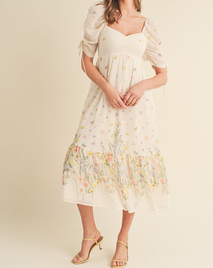 RUCHED SLEEVE FLORAL MIDI DRESS