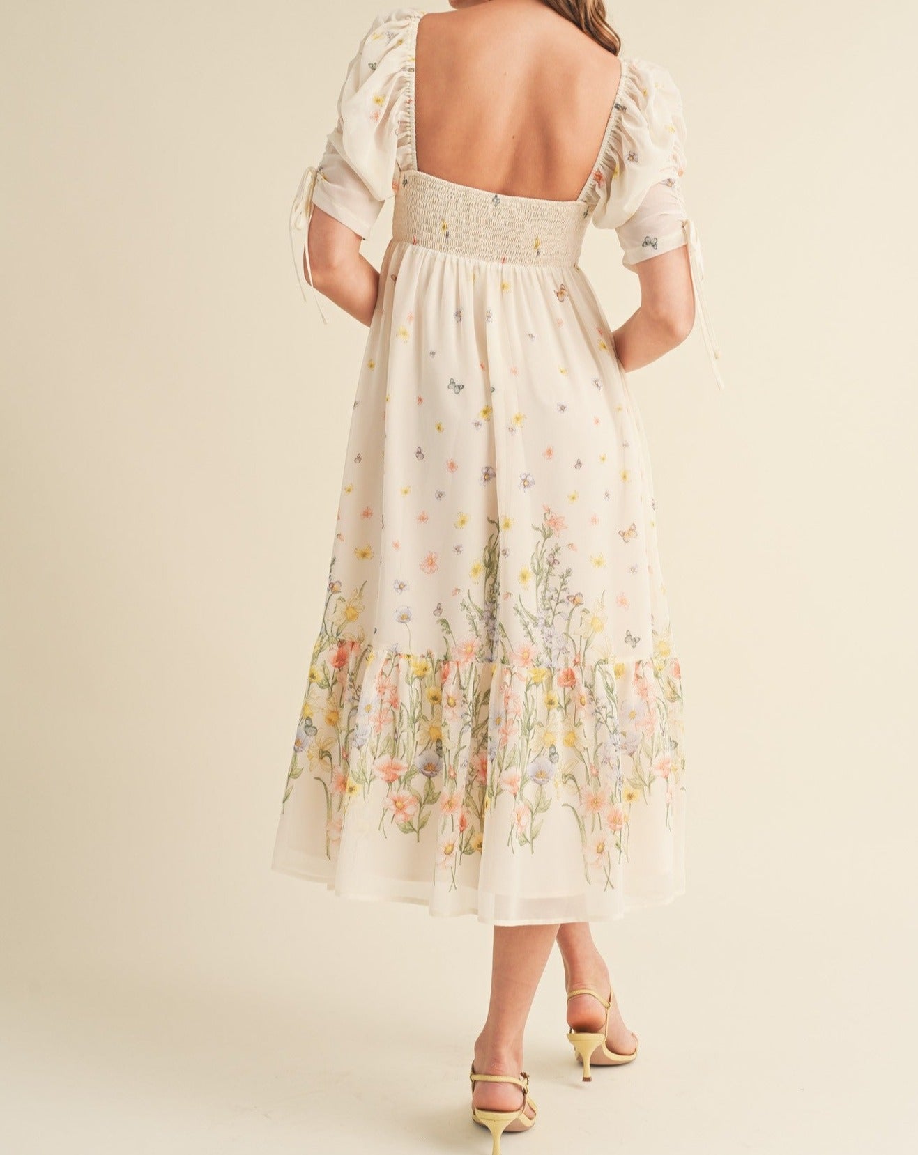 RUCHED SLEEVE FLORAL MIDI DRESS