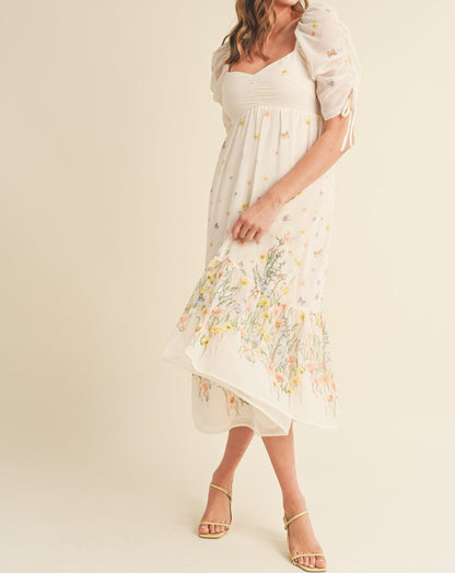 RUCHED SLEEVE FLORAL MIDI DRESS