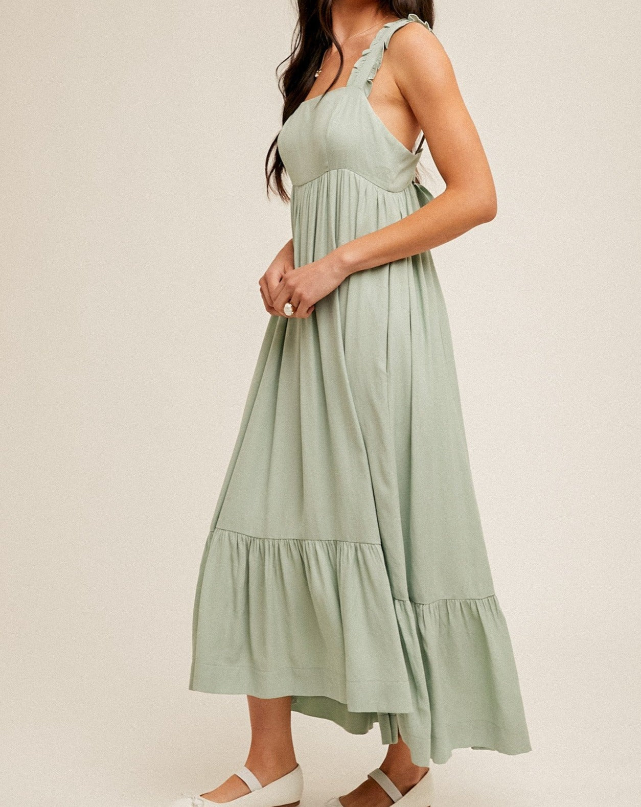 SQUARE NECK RUFFLED STRAPS BACK TIE MAXI DRESS