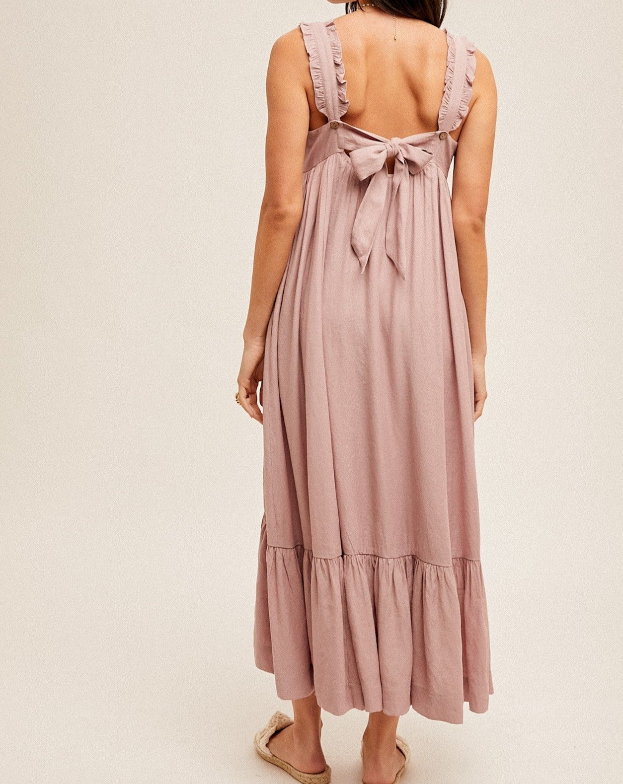 SQUARE NECK RUFFLED STRAPS BACK TIE MAXI DRESS