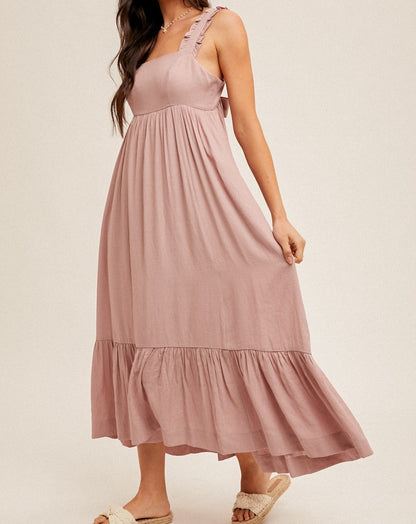 SQUARE NECK RUFFLED STRAPS BACK TIE MAXI DRESS