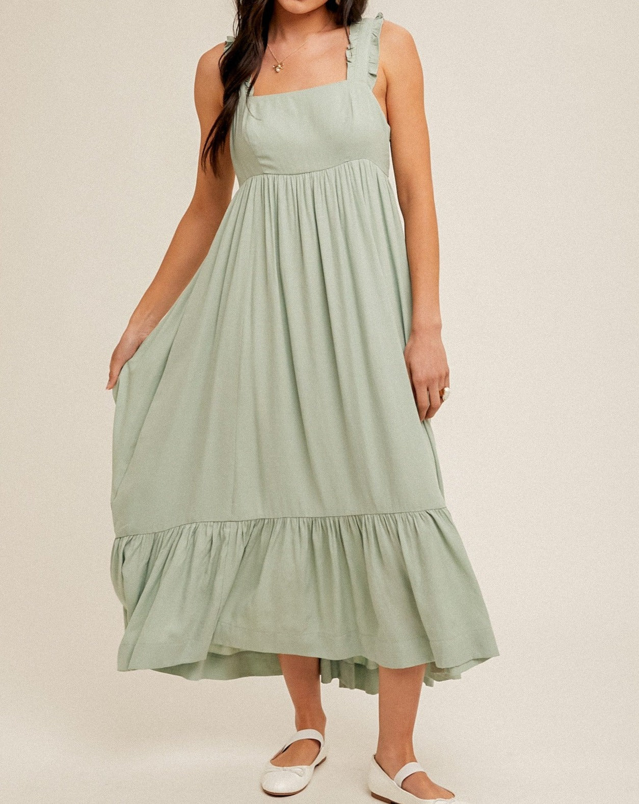 SQUARE NECK RUFFLED STRAPS BACK TIE MAXI DRESS