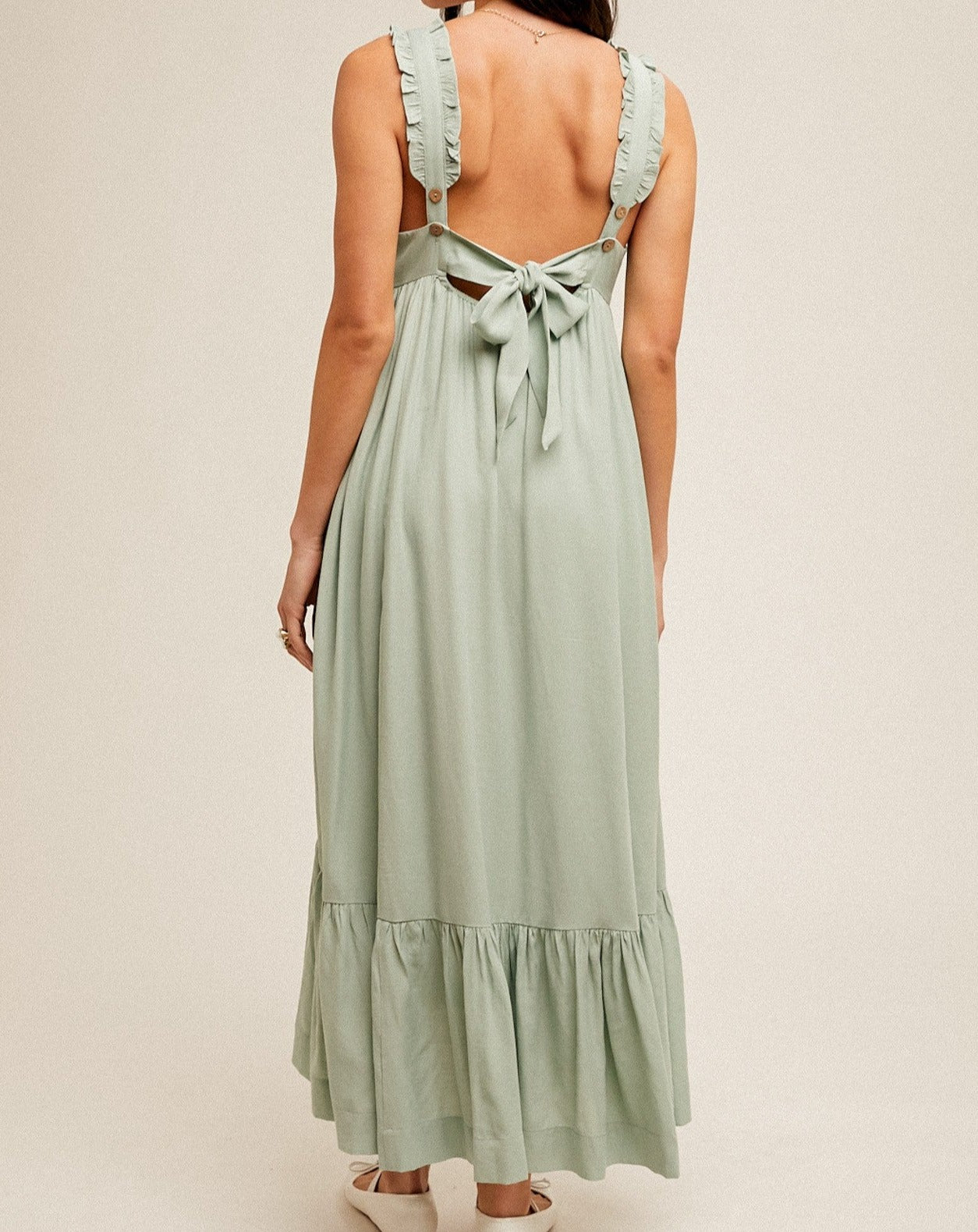 SQUARE NECK RUFFLED STRAPS BACK TIE MAXI DRESS