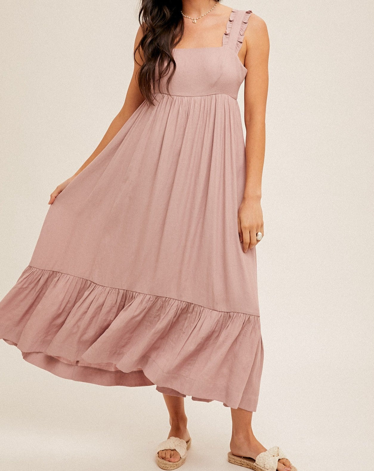 SQUARE NECK RUFFLED STRAPS BACK TIE MAXI DRESS