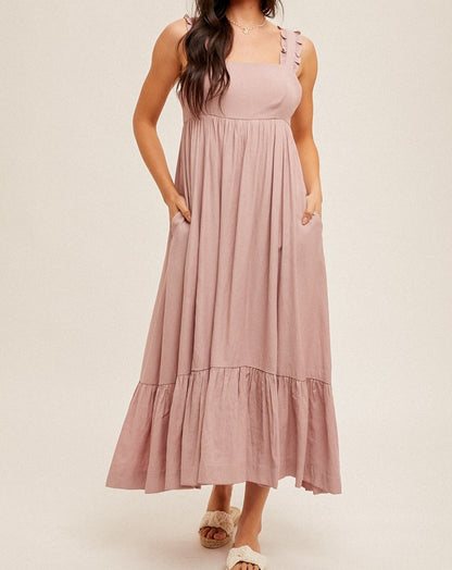 SQUARE NECK RUFFLED STRAPS BACK TIE MAXI DRESS