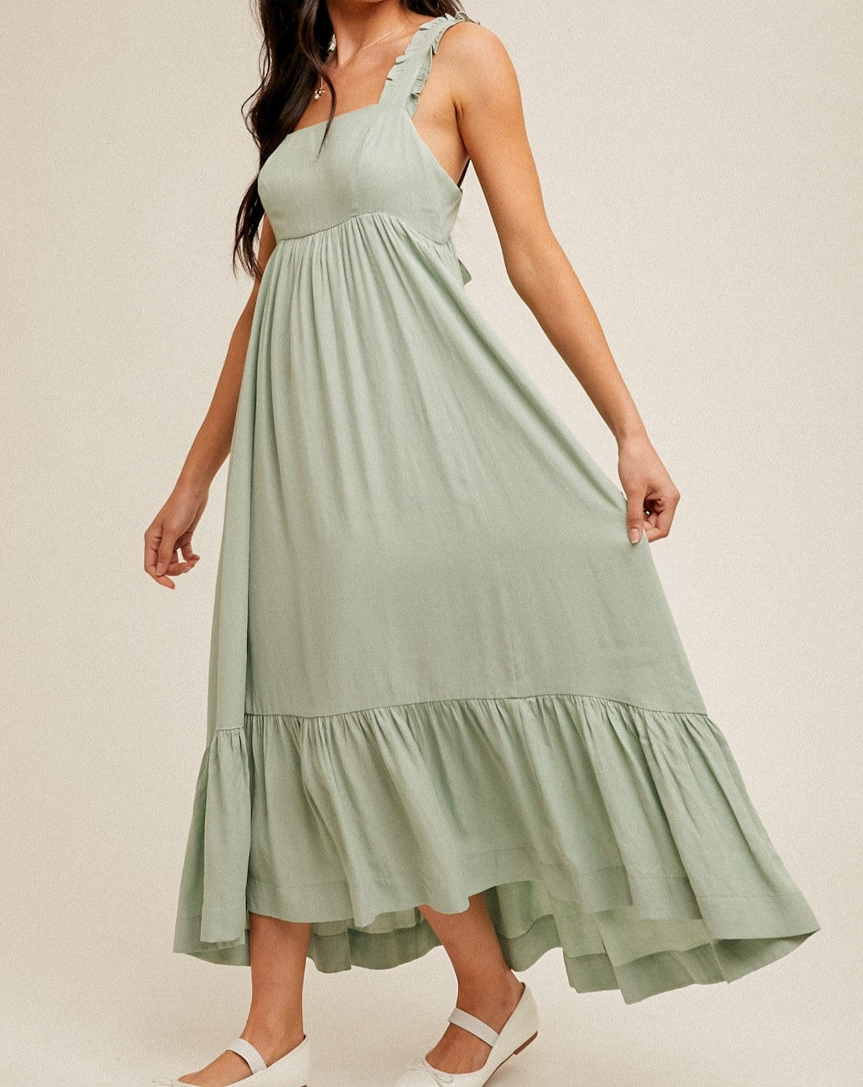 SQUARE NECK RUFFLED STRAPS BACK TIE MAXI DRESS