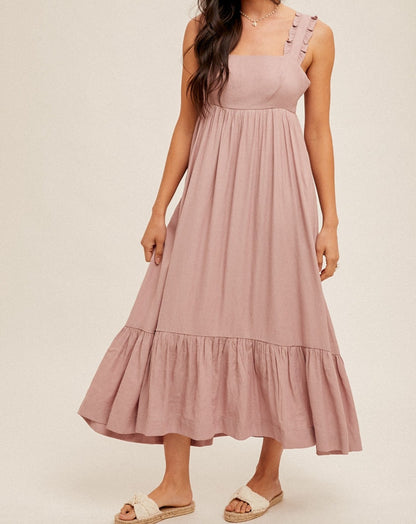 SQUARE NECK RUFFLED STRAPS BACK TIE MAXI DRESS