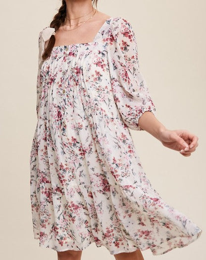 FLORAL PRINT SQUARE NECK BUTTON FRONT CHIFFON DRESS