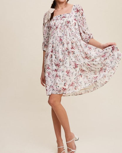 FLORAL PRINT SQUARE NECK BUTTON FRONT CHIFFON DRESS