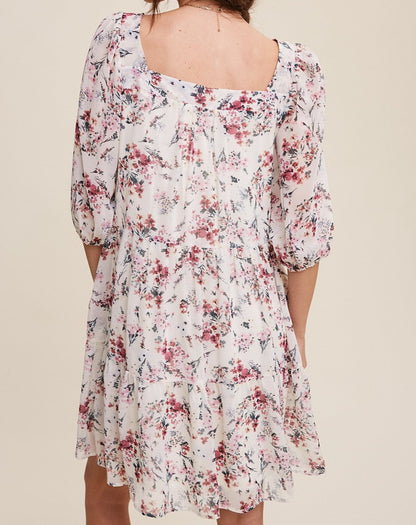 FLORAL PRINT SQUARE NECK BUTTON FRONT CHIFFON DRESS