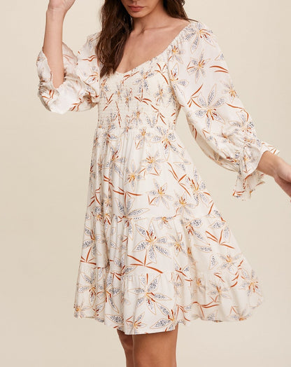 SMOCKED SWEETHEART FLOWER PRINT MID SLEEVE DRESS